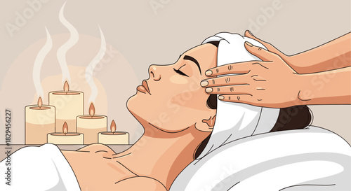 Woman enjoying soothing face massage with aromatherapy candles in a tranquil spa setting