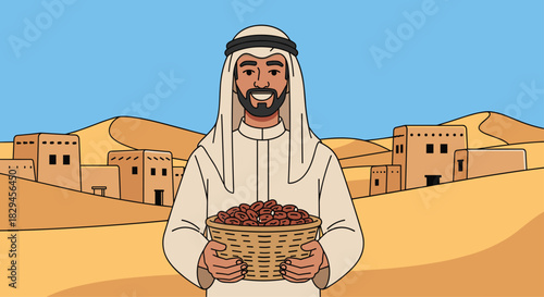 Smiling man in traditional clothing offers dates in a basket, standing in front of desert village and dunes