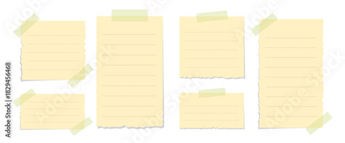 Torn yellow sticky note vector illustration set. Taped office memo paper mockup template.