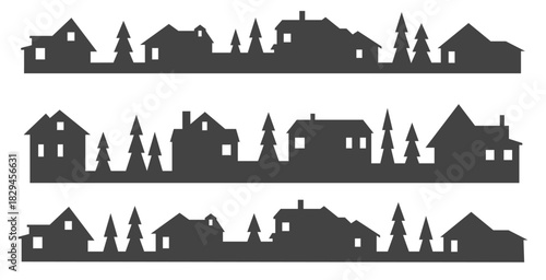 town and village houses on skyline silhouette of small