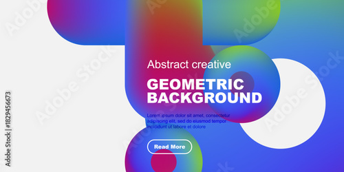 Vibrant overlapping shapes create dynamic background. Text promotes further exploration, modern design elements present.