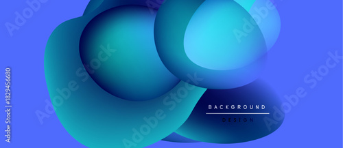 Abstract blue shapes overlap, creating fluid dynamic composition. Gradient colors suggest depth, modern design aesthetic.