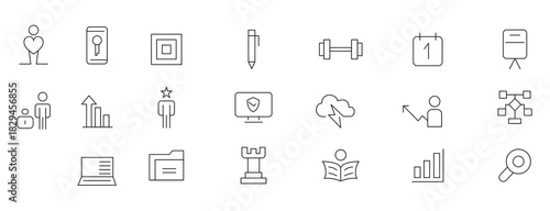 Training and coaching line icons set. Business training, Training, coaching, mentoring, education, meeting, conference, teamwork office outline icon collection. UI thin outline icons pack.