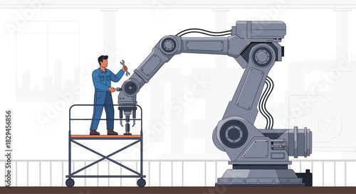 Factory worker expertly repairs industrial robot arm using wrench for production line maintenance and engineering excellence