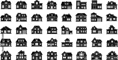 Black and White Grid of 40 House Icons Featuring Diverse Architectural Styles for Real Estate, Design, and Educational Use