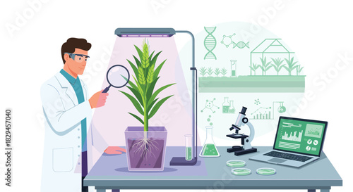 Scientist analyzing plant growth with advanced technology in modern lab for agricultural research and development