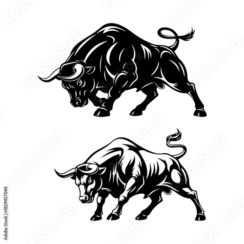 silhouette pack of bull in anger, stock market concept icons
