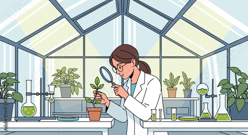 Scientist examining plant growth in modern greenhouse lab with magnifying glass for agricultural research and innovation