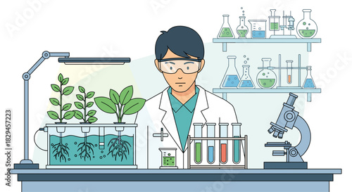 Scientist conducting hydroponics research in modern lab to improve crop yields for sustainable agriculture