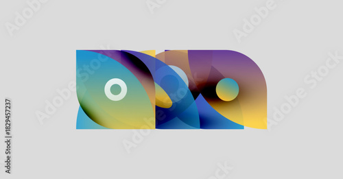 Abstract colorful shapes overlap, creating dynamic composition. Soft gradients blend blues, yellows, purples. Minimalist design, modern aesthetic.