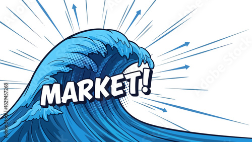 Giant Wave Crashing with Market Text.