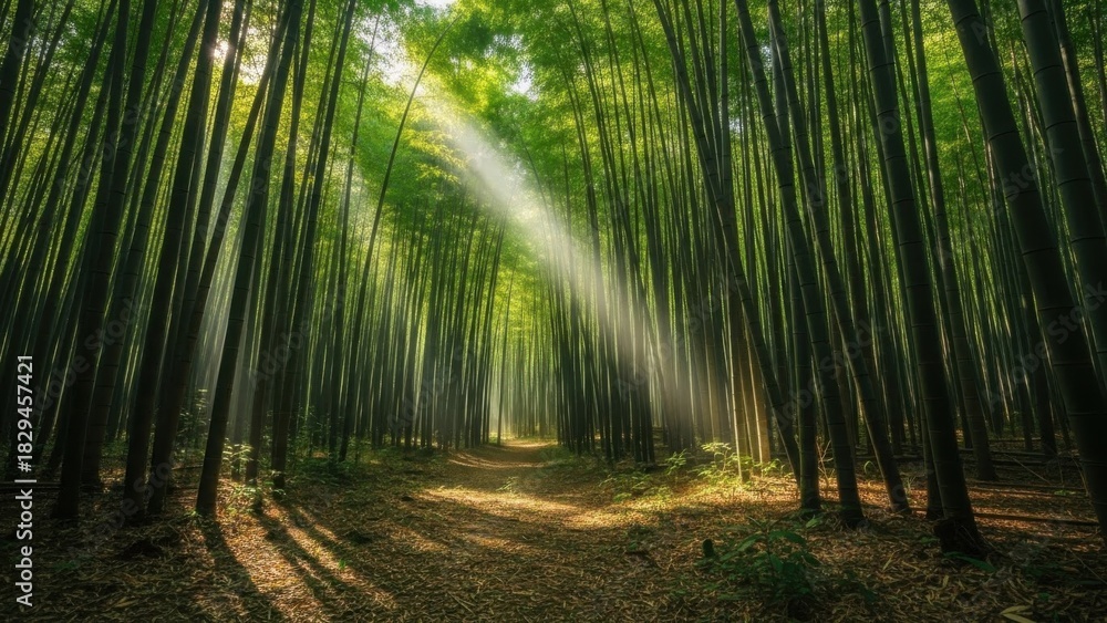 Obraz premium Sunlight Filtering Through a Lush Green Forest Path