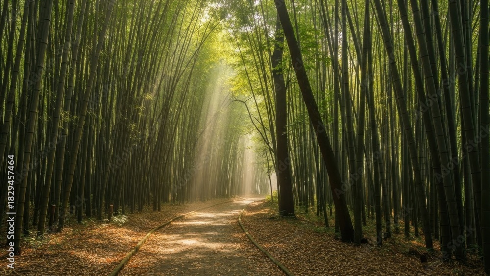 Fototapeta premium Sunlit Path Winding Through a Tranquil Bamboo Forest