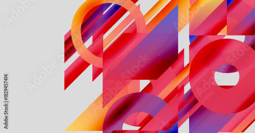 Abstract composition featuring vibrant geometric shapes. Overlapping circles, triangles create dynamic visual effect. Colors blend, contrast beautifully.