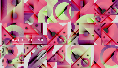 Abstract geometric pattern. Pink, green, white shapes overlap creating modern design. Background features triangles, circles, squares.