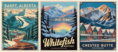 Retro-style travel poster featuring Banff, Whitefish, and Crested Butte mountain landscapes with snow, lakes, colorful buildings, and classic 1930s-40s design