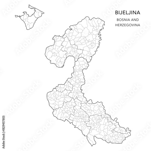 Vector Map of Bijeljina Mesoregion (Mezoregija Bijeljina) with Settlements (Naselja), and Cities and Municipalities, and Subregions - Republika Srpska, Bosnia and Herzegovina 2025