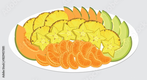 Vibrant fruit platter with pineapple, starfruit, tangerines, and melon for a healthy lifestyle promotion