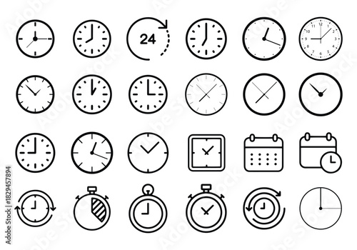 Minimalist Time line icons set with editable stroke, featuring clock, time, timer, alarm, time value, consistency, fast, waiting, time line, target time, rapid,  thin linear illustration