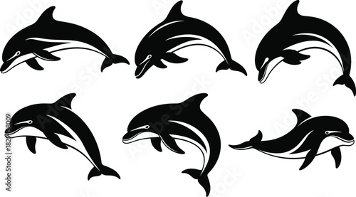 Stylized Dolphin Illustration Set Featuring Six Black and White Poses for Marine Life, Logo Design, and Educational Use