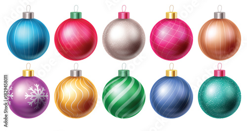 Christmas ornaments in various colors and patterns, perfect for backgrounds, greeting cards, and festive templates. Editable illustration ideal for holiday background decorative designs.