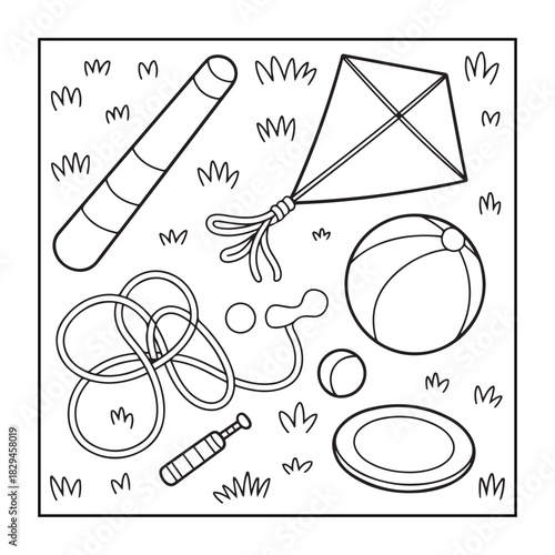 Fun in the Sun: A collection of playful toys, meticulously arranged and ready for a day of outdoor enjoyment. This illustration captures the pure essence of childhood joy and leisurely activities.