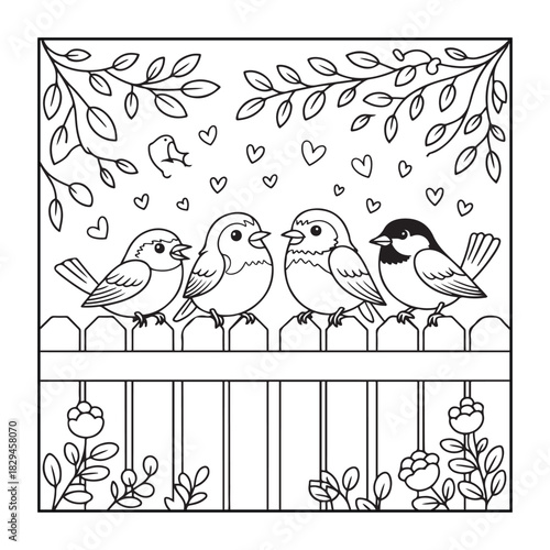 Bird Perch Harmony: Charming birds perched upon a picket fence, surrounded by the sweet symbols of love, whispering a tale of connection and tenderness.