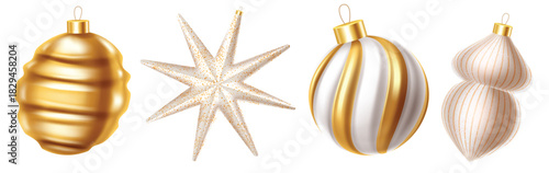A refined illustration of gold Christmas ornaments featuring unique shapes and elegant designs. Ideal for festive backgrounds, greeting cards, and holiday templates. Editable and perfect for seasonal 