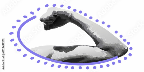 Stylized bicep flex illustration with purple dotted border on white background