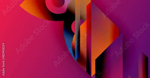 Abstract composition. Vivid gradients, geometric shapes intersect. Purple dominates, orange accents create dynamic visual effect. Modern design.