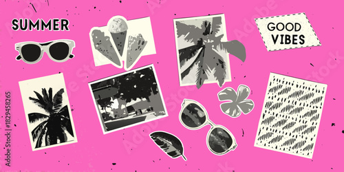 Summer vacation collage with sunglasses palm trees ice cream and good vibes on pink