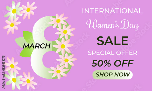 IWD, International Women's Day sale banner, March 8, symbol of Women's Day, special offer, 50% off. Vector illustration purple,  green colors, decorated with light pink color flowers. 