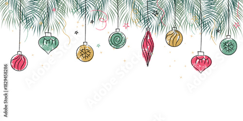 Hand drawn Festive doodle ornaments dangle from pine branches, swirling with stars and ribbons in soft reds, greens, and golds, creating a cheerful holiday border. Merry Christmas, crayon doodle.
