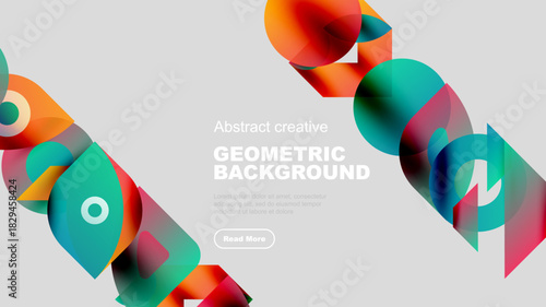Abstract geometric shapes overlap, creating vibrant colorful background. Text reads Geometric Background, with button below.