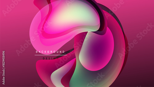 Abstract fluid shapes, vibrant pinks, greens, purples blend. Dark background emphasizes flowing layers, modern design element.