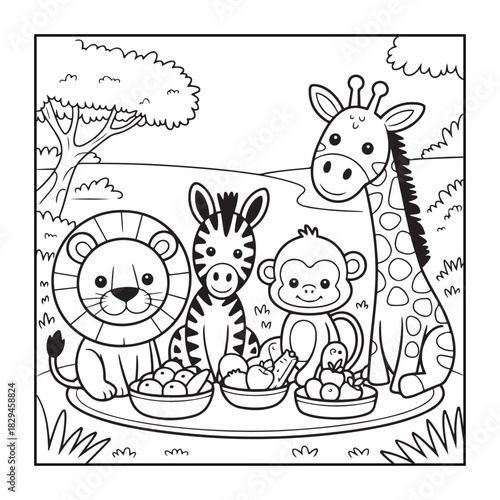 Safari Feast: A charming illustration depicts a delightful gathering of beloved safari animals, feasting on a colorful array of fresh fruits.