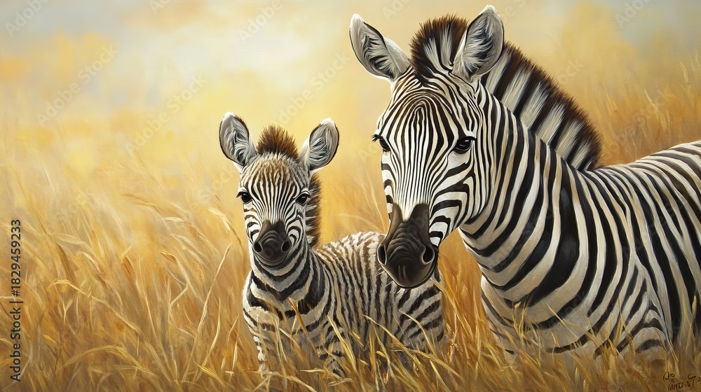 Fototapeta premium Two young zebra foals standing in a sunlit african savannah, wildlife nature scene