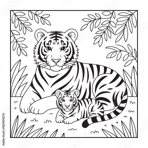 Striped Tiger's Tender Moment: A striking illustration of a tigress and cub, evoking the raw beauty of the animal kingdom.
