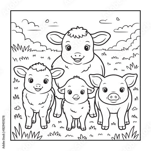 Farmyard Friends: A charming illustration depicts a collection of adorable farm animals: a cow, a sheep, and two piglets. They stand together, exuding a sense of camaraderie and joy.