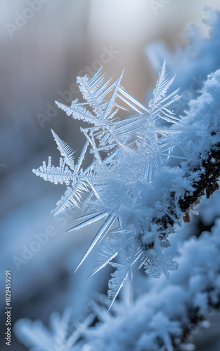 Extreme closeup of beautiful intricate hoar frost crystals on a twig