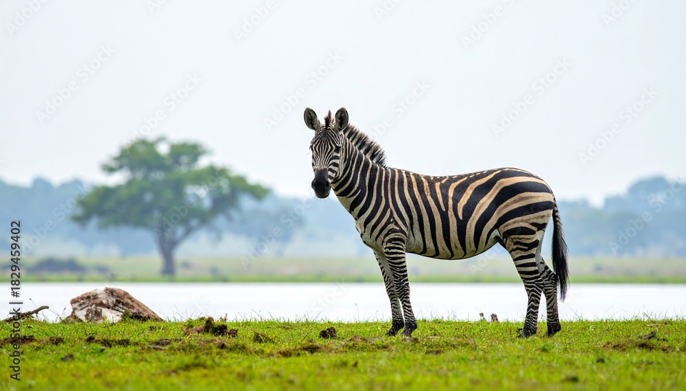 Obraz premium Zebra Standing in a Lush Meadow Beside a Lake in Africa Grassy Landscape and Scenic Wildlife.