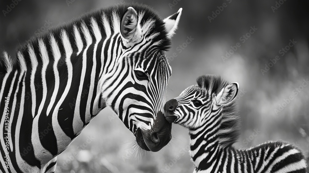 Fototapeta premium Two young zebra foals standing in a sunlit african savannah, wildlife nature scene