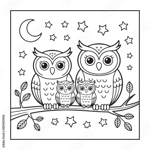 Family of Owls: The image captures a charming illustration of a family of owls perched serenely on a tree branch under a starlit night.  The moon casts a soft glow on the scene.
