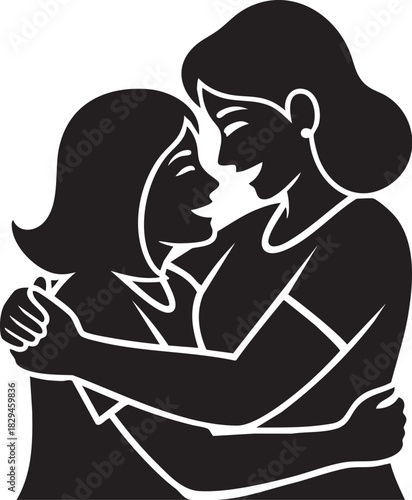 Two women embracing with closed eyes and smiles Keywords: embrace, hug, love, family, friendship