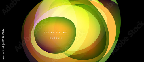 Abstract layers create vibrant, colorful design. Overlapping circles form dynamic visual effect. Background features gradients, smooth transitions.