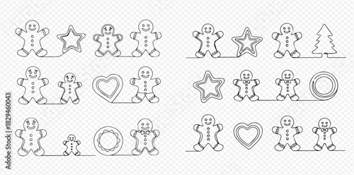 Continuous line art illustration of various gingerbread cookies including men, stars, hearts, and a Christmas tree on a transparent background.