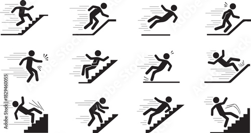 Set of falling down stairs icons stick figure silhouette illustration risk of injury and accident