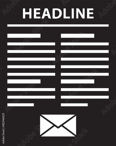 Black and white newspaper layout template with headline and email icon illustration for print media and web design isolated on bla