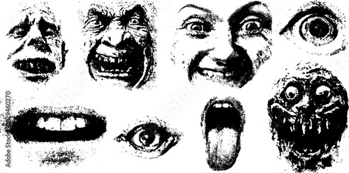 Illustration of various faces showcasing extreme emotions. Creepy vector artwork emphasizes detail and expression in a set of illustrations.