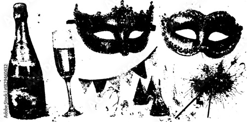 Celebration scene featuring a champagne bottle, glass, and masks. Vintage vector illustration set with festive elements and party decorations.